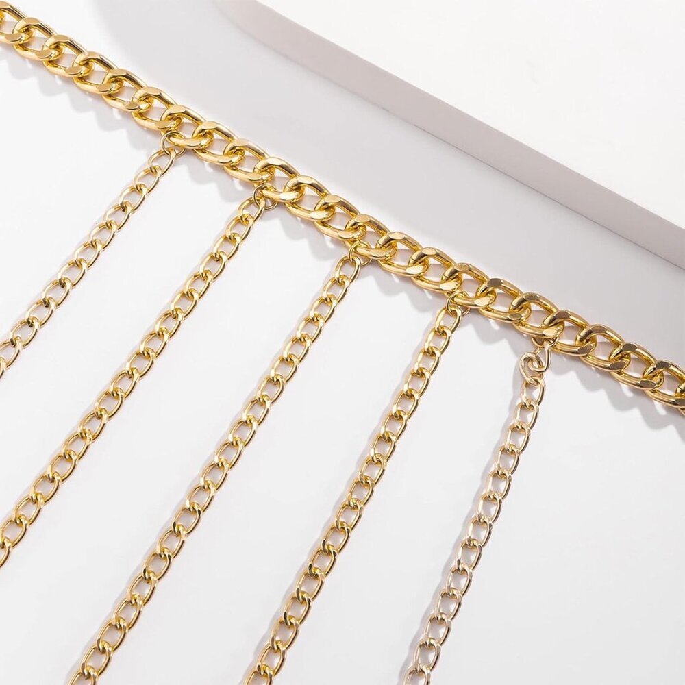 Women Gold Layered Body Chain Jewelry Multi Row Shoulder Necklace Choker - Picture 7 of 7